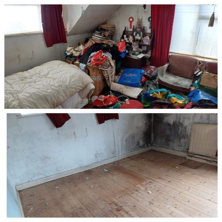 A bedroom shown before a clearance, with belongings on the bed and floor, and the same room afterwards, empty and swept
